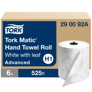 Tork Matic Hand Towel Roll, White With Gray Leaf, Advanced, H1, 100% Recycled Fiber, High Absorbency, Medium Capacity, 2-Ply, 6 Rolls x 525 ft - 290092A