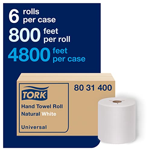 Tork Hand Towel Roll Natural White H80, Universal, 100% Recycled Fiber, 6 Rolls x 800 ft, 8031400, 6 Count (Pack of 1)