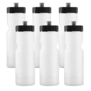 50 strong sports water bottle | 6 pack of reusable squeeze water bottles | 22 oz. bpa-free plastic bottles with pull top cap | made in usa | top rack dishwasher safe | fits most bike cages (clear)