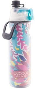 o2cool mist 'n sip misting water bottle 2-in-1 mist and sip function with no leak pull top spout sports water bottle reusable water bottle - 20 oz (tropical)