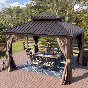 kozyard alexander permanent hardtop gazebo aluminum gazebo with galvanized steel double roof with mosquito net and privacy sidewalls (alexander 10'x12'(brown)