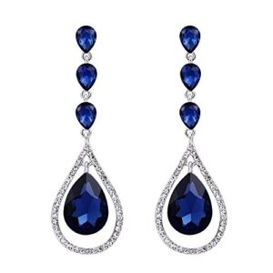 ever faith austrian crystal bridal hollow-out teardrop pierced dangle earrings blue silver-tone