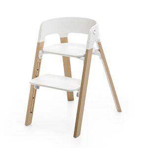 stokke steps chair - natural legs & white seat - 5-in-1 seat system - can transform into newborn + toddler high chair - use throughout childhood or up to 187 lbs. - tool free, stylish & adjustable