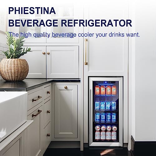 Phiestina Beverage Refrigerator 100 Cans Beverage Cooler 16 inch Mini Juice Beer Fridge Freestanding Low Noise/Auto Defrost Function Glass Door Removable Shelves for Home Bar Office