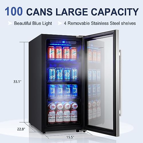 Phiestina Beverage Refrigerator 100 Cans Beverage Cooler 16 inch Mini Juice Beer Fridge Freestanding Low Noise/Auto Defrost Function Glass Door Removable Shelves for Home Bar Office