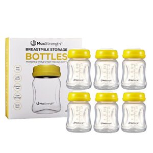 Breastmilk Bottles 6pc Set with Leak Proof Lids by Max Strength Pro, 6.oz 180ml Reusable Wide Neck Bottles Best for Breast Milk Collection & Storage Solution, BPA Free, Fits Spectra & Avent Models