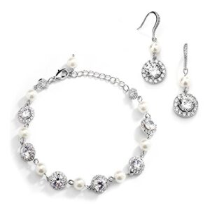 mariell ivory pearl & round cz bridal bracelet & earrings set - wedding jewelry sets for bridesmaids