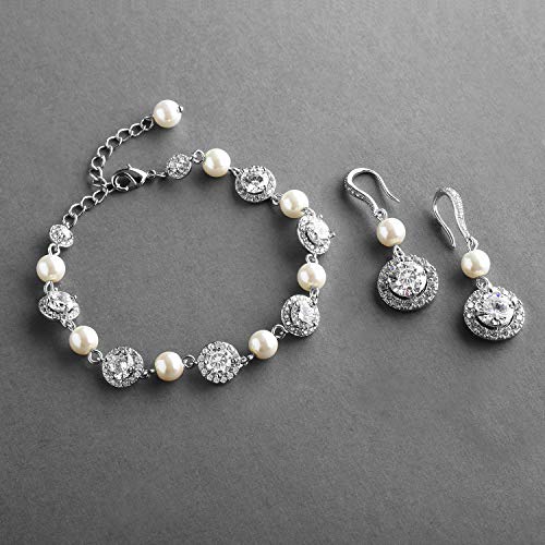 Mariell Ivory Pearl & Round CZ Bridal Bracelet & Earrings Set - Wedding Jewelry Sets for Bridesmaids