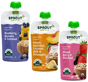 sprout organics, stage 2 variety pack, blueberry banana oatmeal, mixed berry oatmeal & peach oatmeal with coconunt milk, 6+ month pouches, 3.5 oz (18-count)