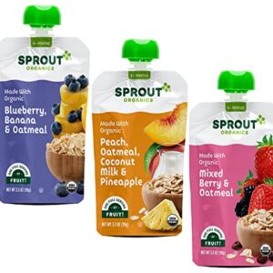 Sprout Organics, Stage 2 Variety Pack, Blueberry Banana Oatmeal, Mixed Berry Oatmeal & Peach Oatmeal with Coconunt Milk, 6+ Month Pouches, 3.5 oz (18-count)