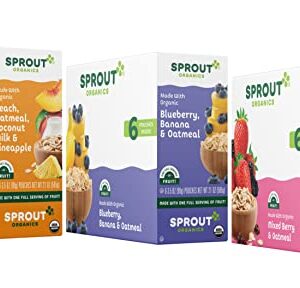 Sprout Organics, Stage 2 Variety Pack, Blueberry Banana Oatmeal, Mixed Berry Oatmeal & Peach Oatmeal with Coconunt Milk, 6+ Month Pouches, 3.5 oz (18-count)