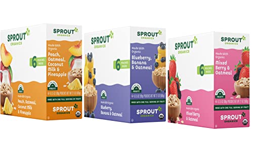 Sprout Organics, Stage 2 Variety Pack, Blueberry Banana Oatmeal, Mixed Berry Oatmeal & Peach Oatmeal with Coconunt Milk, 6+ Month Pouches, 3.5 oz (18-count)