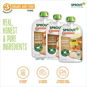 Sprout Organic Baby Food, Stage 3 Pouches, Root Veg & Beef, Creamy Veg & Chicken, Harvest Veg & Chicken Variety Pack, 4 Oz Purees (Pack of 18)