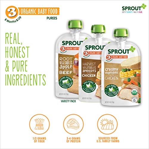 Sprout Organic Baby Food, Stage 3 Pouches, Root Veg & Beef, Creamy Veg & Chicken, Harvest Veg & Chicken Variety Pack, 4 Oz Purees (Pack of 18)