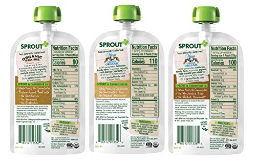 Sprout Organic Baby Food, Stage 3 Pouches, Root Veg & Beef, Creamy Veg & Chicken, Harvest Veg & Chicken Variety Pack, 4 Oz Purees (Pack of 18)