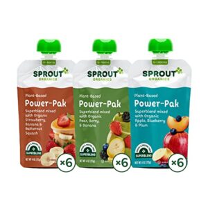 sprout organic baby food, stage 4 toddler pouches, apple blueberry plum, strawberry banana squash, pear berry banana variety pack, 4 ounce (pack of 18)