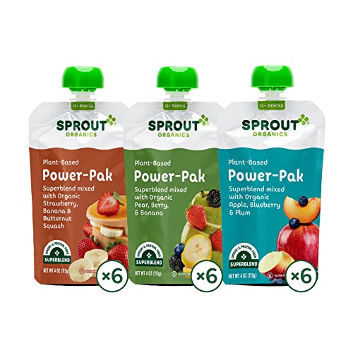 Sprout Organic Baby Food, Stage 4 Toddler Pouches, Apple Blueberry Plum, Strawberry Banana Squash, Pear Berry Banana Variety Pack, 4 Ounce (Pack of 18)