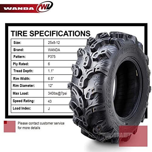 Set 4 Premium WANDA ATV/UTV tires 25x8-12 25x8x12 Front & Rear Super Lug Mud