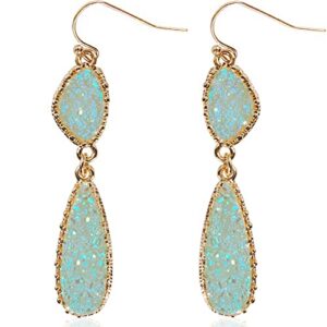 Humble Chic Simulated Druzy Teardrop Earrings for Women - Tear Drop Earrings - Boho Bridal Wedding Long Earrings for Bride or Bridesmaid, Gold - Aqua Glitter Stone