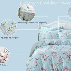 FADFAY Floral Duvet Cover Queen 100% Cotton Blue Green Farmhouse Bedding Super Soft Reversible Striped French Country Bed Cover Purple Hydrangea and Peony Print Zipper Comforter Cover 3 Pieces