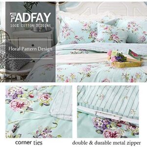 FADFAY Floral Duvet Cover Queen 100% Cotton Blue Green Farmhouse Bedding Super Soft Reversible Striped French Country Bed Cover Purple Hydrangea and Peony Print Zipper Comforter Cover 3 Pieces