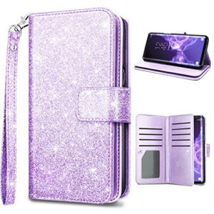 Fingic Samsung S9 Case,Galaxy S9 Wallet Case, Glitter Sparkle Cover 9 Card Holder PU Leather Detachable Wrist Strap Wallet Case for Women Cover for Samsung Galaxy S9 (5.8inch),Purple