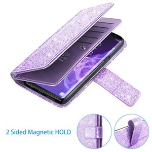 Fingic Samsung S9 Case,Galaxy S9 Wallet Case, Glitter Sparkle Cover 9 Card Holder PU Leather Detachable Wrist Strap Wallet Case for Women Cover for Samsung Galaxy S9 (5.8inch),Purple