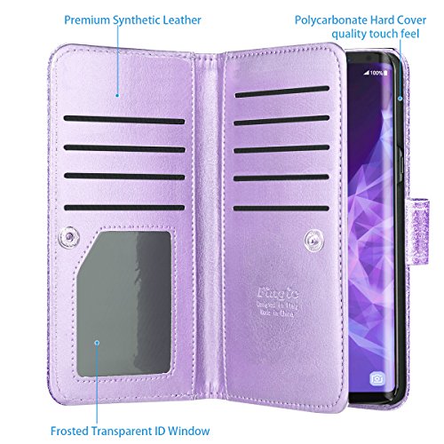 Fingic Samsung S9 Case,Galaxy S9 Wallet Case, Glitter Sparkle Cover 9 Card Holder PU Leather Detachable Wrist Strap Wallet Case for Women Cover for Samsung Galaxy S9 (5.8inch),Purple