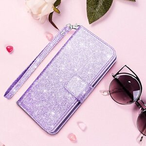 Fingic Samsung S9 Case,Galaxy S9 Wallet Case, Glitter Sparkle Cover 9 Card Holder PU Leather Detachable Wrist Strap Wallet Case for Women Cover for Samsung Galaxy S9 (5.8inch),Purple