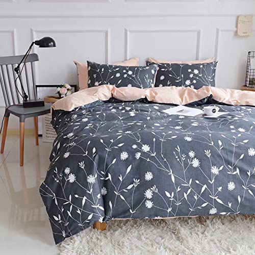 HighBuy Flower Duvet Cover Queen Cotton Bedding Sets Dark Grey Floral Branches Printing Cottagecore Aesthetic Stripe Pattern Comforter Cover 3 Piece Duvet Cover Set Queen