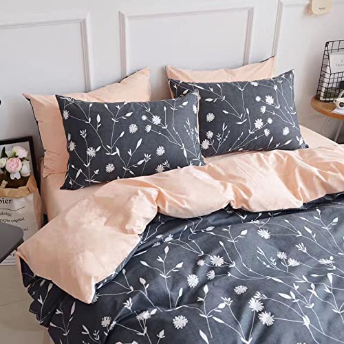 HighBuy Flower Duvet Cover Queen Cotton Bedding Sets Dark Grey Floral Branches Printing Cottagecore Aesthetic Stripe Pattern Comforter Cover 3 Piece Duvet Cover Set Queen