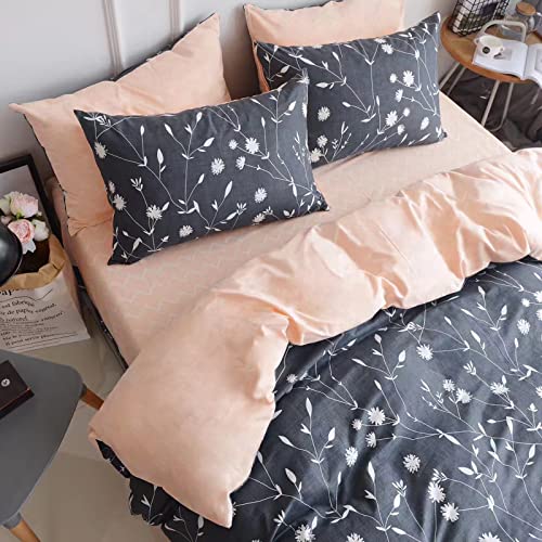 HighBuy Flower Duvet Cover Queen Cotton Bedding Sets Dark Grey Floral Branches Printing Cottagecore Aesthetic Stripe Pattern Comforter Cover 3 Piece Duvet Cover Set Queen