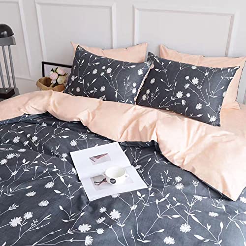 HighBuy Flower Duvet Cover Queen Cotton Bedding Sets Dark Grey Floral Branches Printing Cottagecore Aesthetic Stripe Pattern Comforter Cover 3 Piece Duvet Cover Set Queen