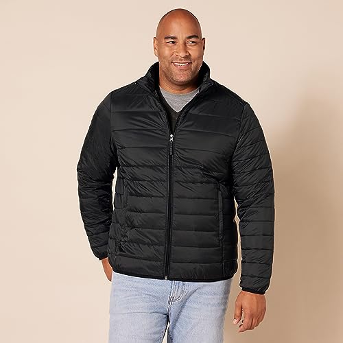 Amazon Essentials Men's Packable Lightweight Water-Resistant Puffer Jacket (Available in Big & Tall), Black, X-Large