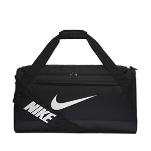 nike brasilia training duffel bag, versatile bag with padded strap and mesh exterior pocket, medium, black/black/white