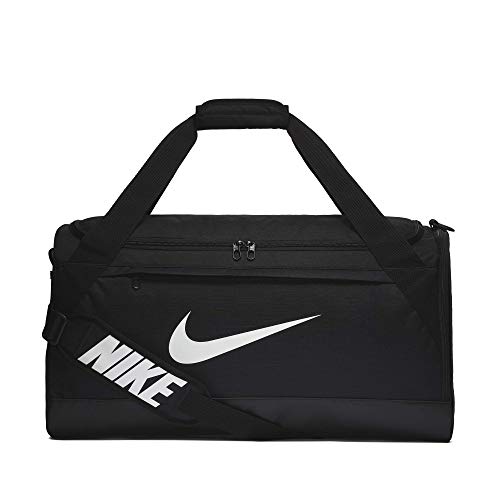 Nike Brasilia Training Duffel Bag, Versatile Bag with Padded Strap and Mesh Exterior Pocket, Medium, Black/Black/White