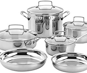 Cuisinart Classic Pots & Pans Set, 10 pcs Cookware Set with Saucepans, Saute pans, & Skillets- Tapered Rims for Drip Free Pouring & Cool Grip Handles, Stainless Steel, TPS-10