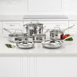 Cuisinart Classic Pots & Pans Set, 10 pcs Cookware Set with Saucepans, Saute pans, & Skillets- Tapered Rims for Drip Free Pouring & Cool Grip Handles, Stainless Steel, TPS-10