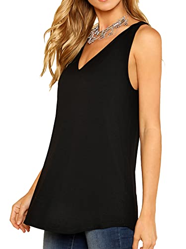 Verdusa Women's Basic V Neck Longline Dolphin Hem Loose Tunic Tank Top Black S