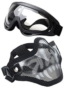 airsoft mask and goggles - airsoft half lower face mask steel metal mesh for bb gun/cs game/paintball/shooting/cosplay - anti-uv adjustable combat tactical military goggles for men women kids