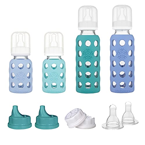 Lifefactory 4 Starter Baby Bottle Set in Mint/Blanket & in Kale/Blueberry Flat & Sippy Caps Stage 2 Nipples 10 Count