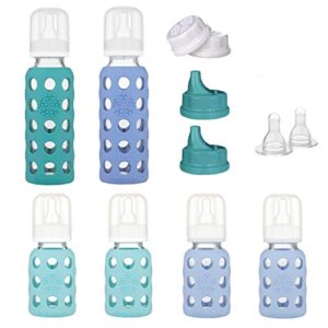 lifefactory 6 bottle starter set (4) 4-ounce baby bottle in mint/blanket (2) 9-ounce baby bottle in kale/blueberry (2) flat caps (2) sippy caps (2) stage 2 nipples, mint/blanket/kale/blueberry/white
