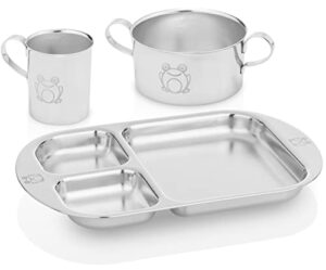 kiddobloom children stainless steel dinnerware set, frog (1 bowl, 1 cup, 1 divided plate). high grade stainless #304. elegant gift for baby, toddler, and kids.