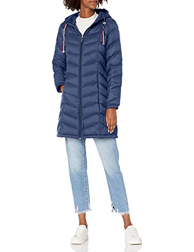 Tommy Hilfiger Women's Mid-Length Puffer Hooded Down Jacket with Drawstring Packing Bag, Navy, Medium