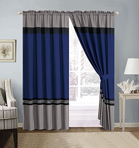 GrandLinen 3 Piece Navy Blue/Grey/Black/White Scroll Embroidery Bed in A Bag Down Alternative Comforter Set Queen Size Bedding. Perfect for Any Bed Room or Guest Room