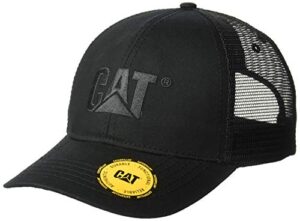 caterpillar men's raised logo hats with embroidered front and contrast mesh back with plastic snapback closure, black, one