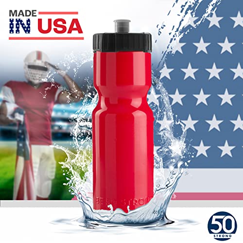 50 Strong Sports Squeeze Water Bottle 2 Pack – 22 oz. BPA Free Easy Open Push/Pull Cap – USA Made (Red)