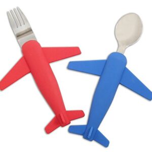 Kids' Airplane Fork & Spoon Set, Stainless Steel & Silicone