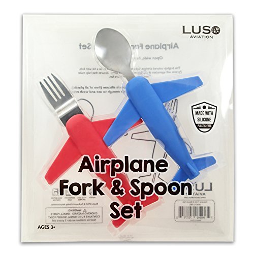 Kids' Airplane Fork & Spoon Set, Stainless Steel & Silicone