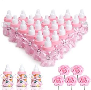 macting 2 dozens 3.5 inch feeding bottle candy box with 5 pcs artificial flower rose for baby shower favor gift decoration (pink)